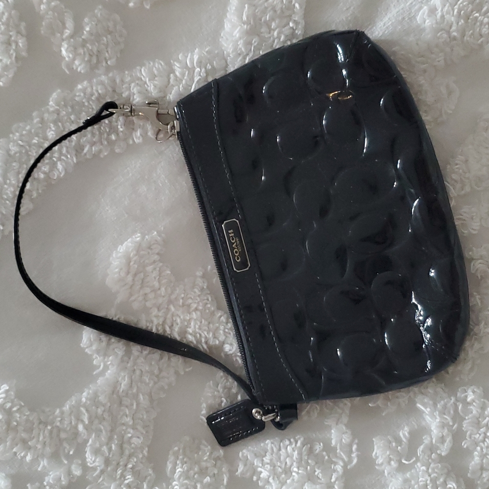 Coach Black Shiny Zip Up Small Clutch Wristlet